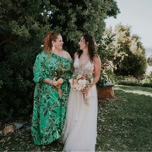 FARM RIO X ANTHROPOLOGIE PRINTED ONE-SHOULDER RUFFLE DRESS